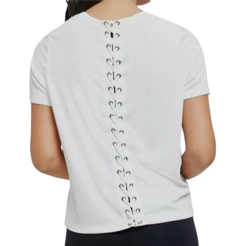Allfenix Women’s White Lace Up Back Ribbed Knit Bamboo Blend T-Shirt Sz L